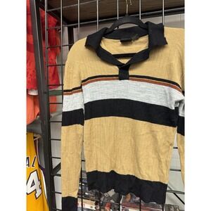 Vintage 1970s Landmark Yellow Striped V Neck Collared Sweater Size Medium